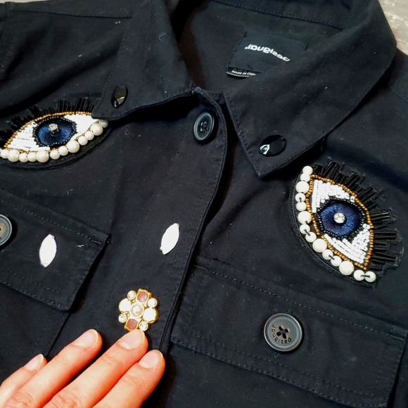 Desigual Black Embellished Black Jacket. Print, Beads, Sequins, Embroidery. M. - Picture 7 of 16